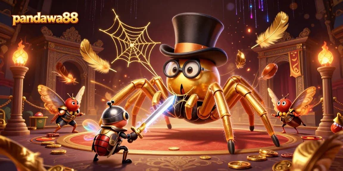 Pandawa88 showcases a golden tarantula and beetle knight amidst vibrant casino elements and dynamic sparks.