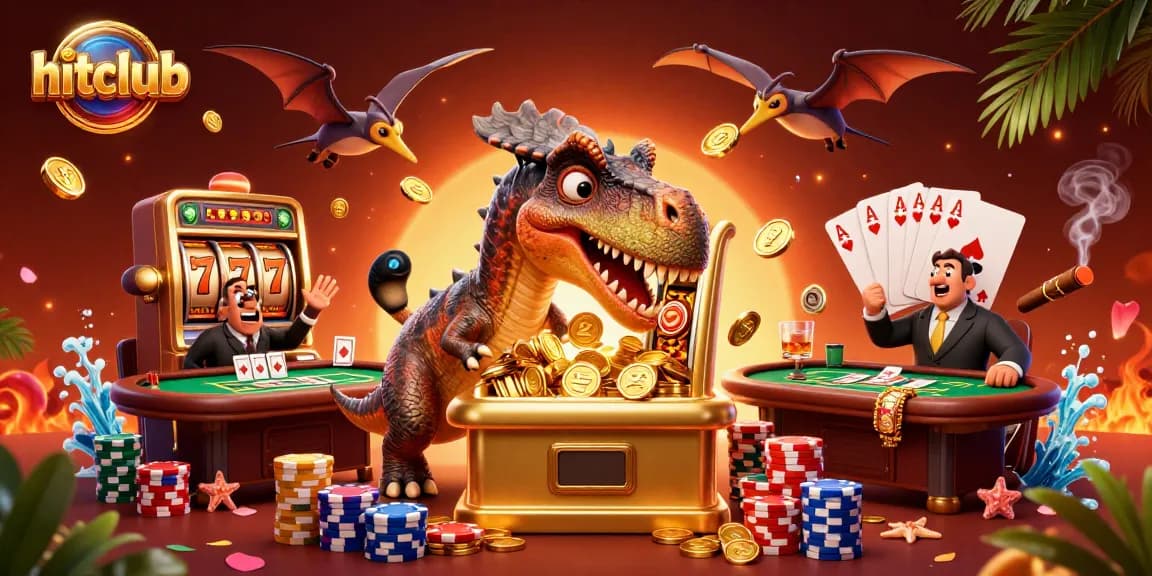 hitclub brings excitement as a pachycephalosaurus hits a slot machine for jackpot coins in a vibrant casino