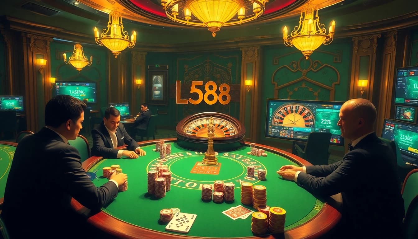 Exciting poker game scene and luxurious casino ambiance at Lu88 for gaming enthusiasts.