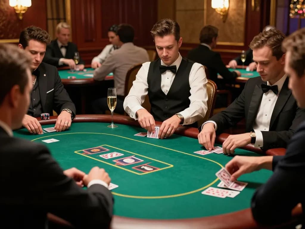 Players engaging in a thrilling Game bài đổi thưởng poker game at an upscale casino with elegant decor.