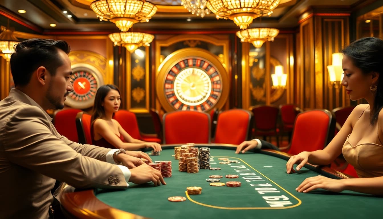 Engaging poker game scene highlighting excitement at https://win678.us/ with colorful chips and players.