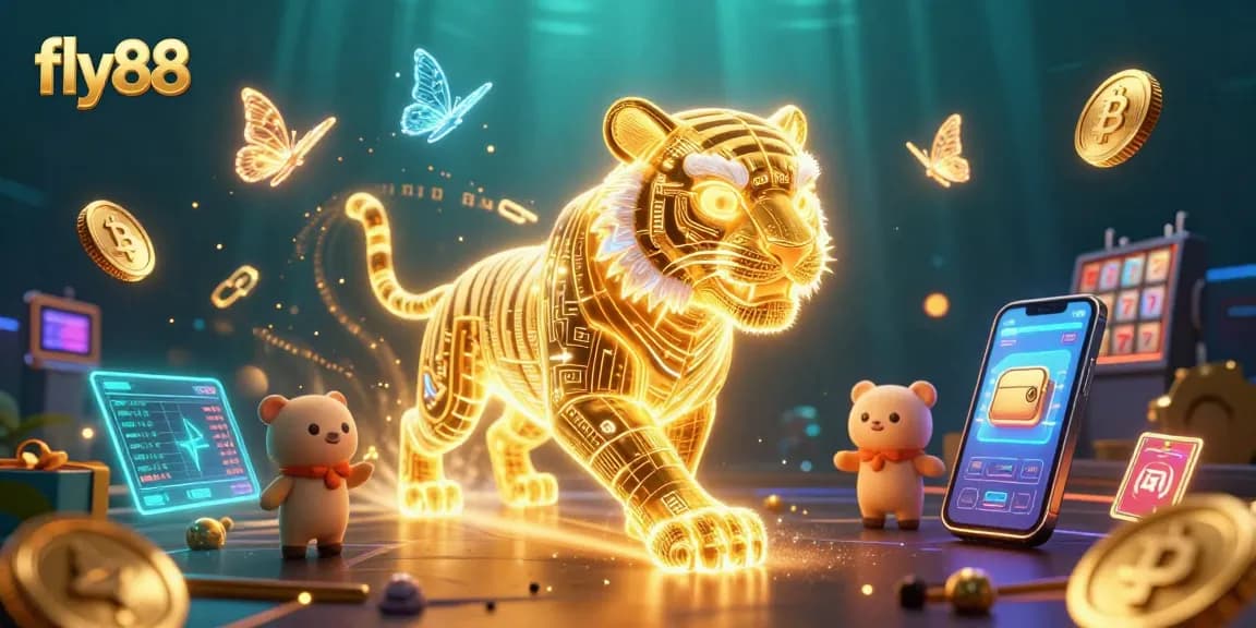 Experience exciting gameplay at fly88 with vibrant 3D illustrations of slots and crypto elements.