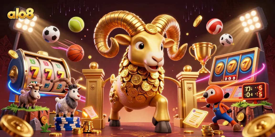 Experience thrilling wins with alo8 featuring a charging golden ram amidst spinning slot reels and vibrant casino elements.