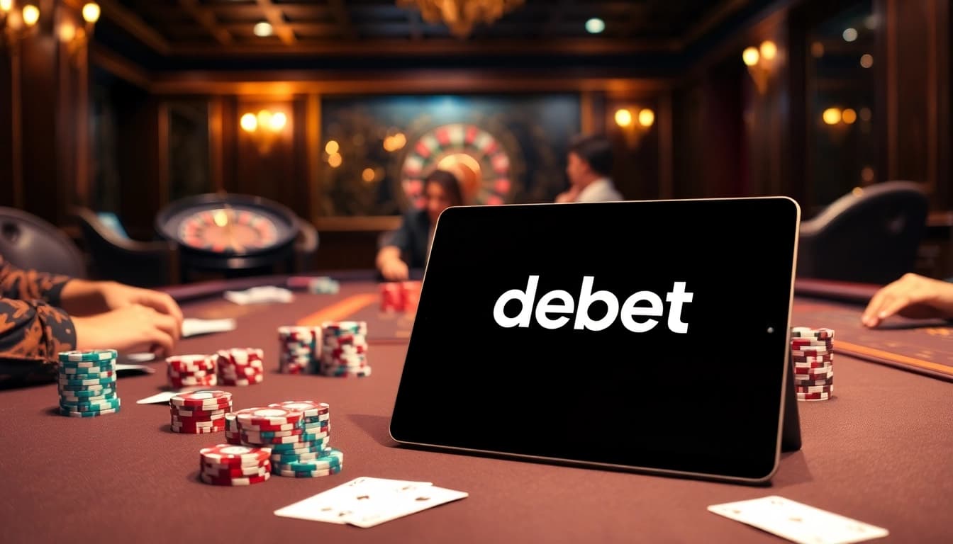 Players betting on poker at a luxurious casino table showcasing the debet online gambling experience.
