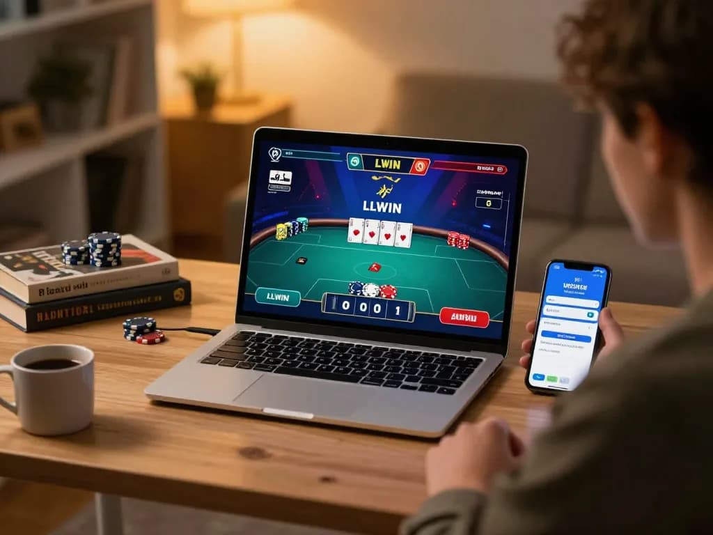 Player placing bets on LLWIN while enjoying a cozy online poker session at home.