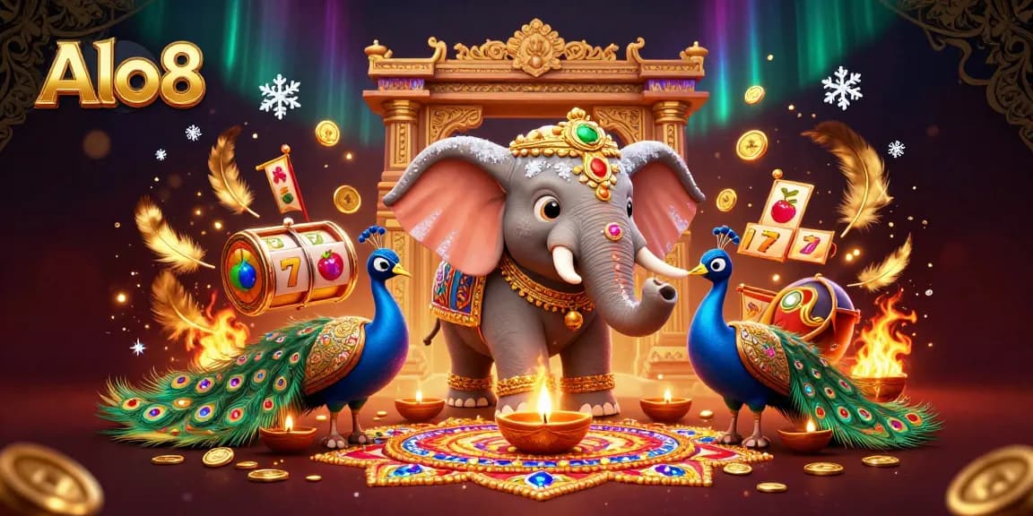 Alo8 illustrates a vibrant casino scene featuring a Diwali-themed elephant and peacock among slot game elements, rich in color and detail.