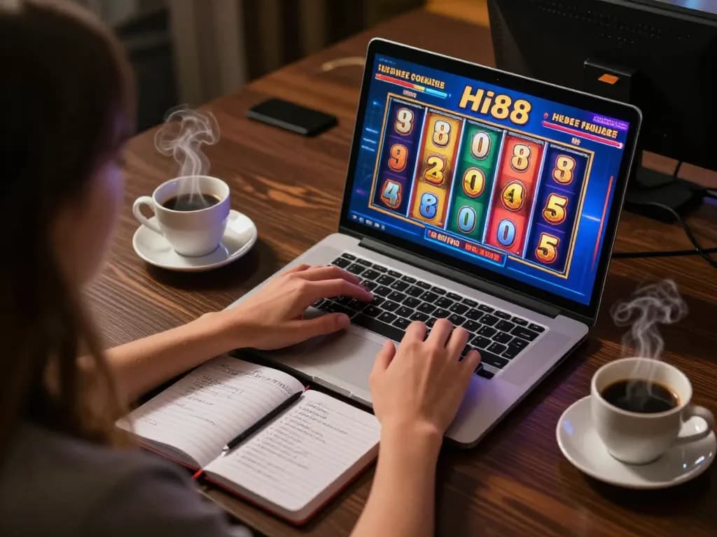 Player engaging with Hi88 online casino, laptop showing big win on slot games while taking notes