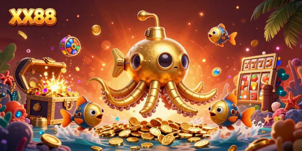 Experience thrilling slots gameplay with the dynamic XX88 kraken submarine amid golden coins.