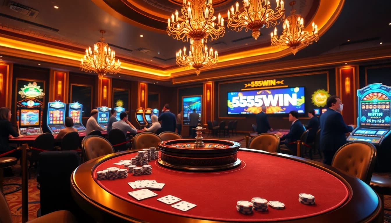Experience luxury gaming at 555WIN with poker tables, slot machines, and roulette in an elegant setting.