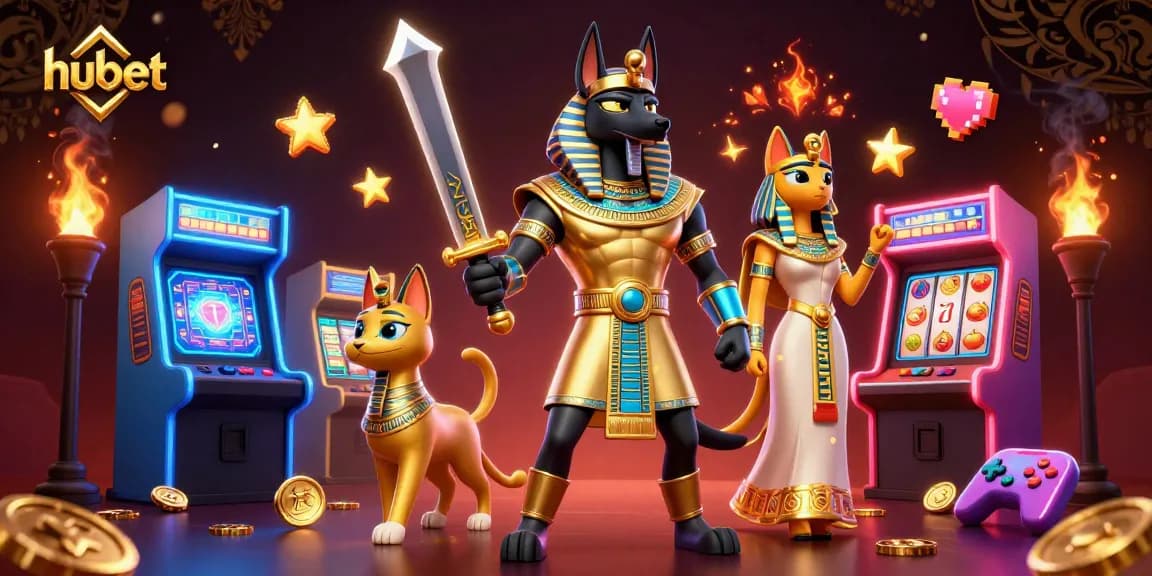 Engage with hubet in this animated scene featuring Anubis and Bastet enjoying a vibrant casino atmosphere.