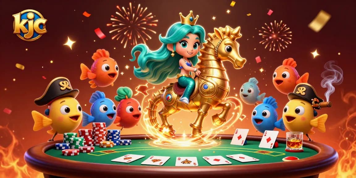 Experience the magic of KJC with a vibrant casino-themed scene featuring a mermaid and poker elements.
