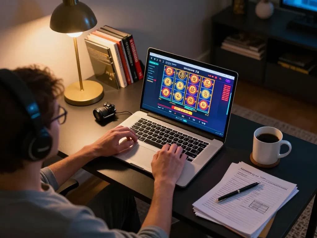 Engaging online gaming moment at lv88 with colorful slots on a stylish laptop