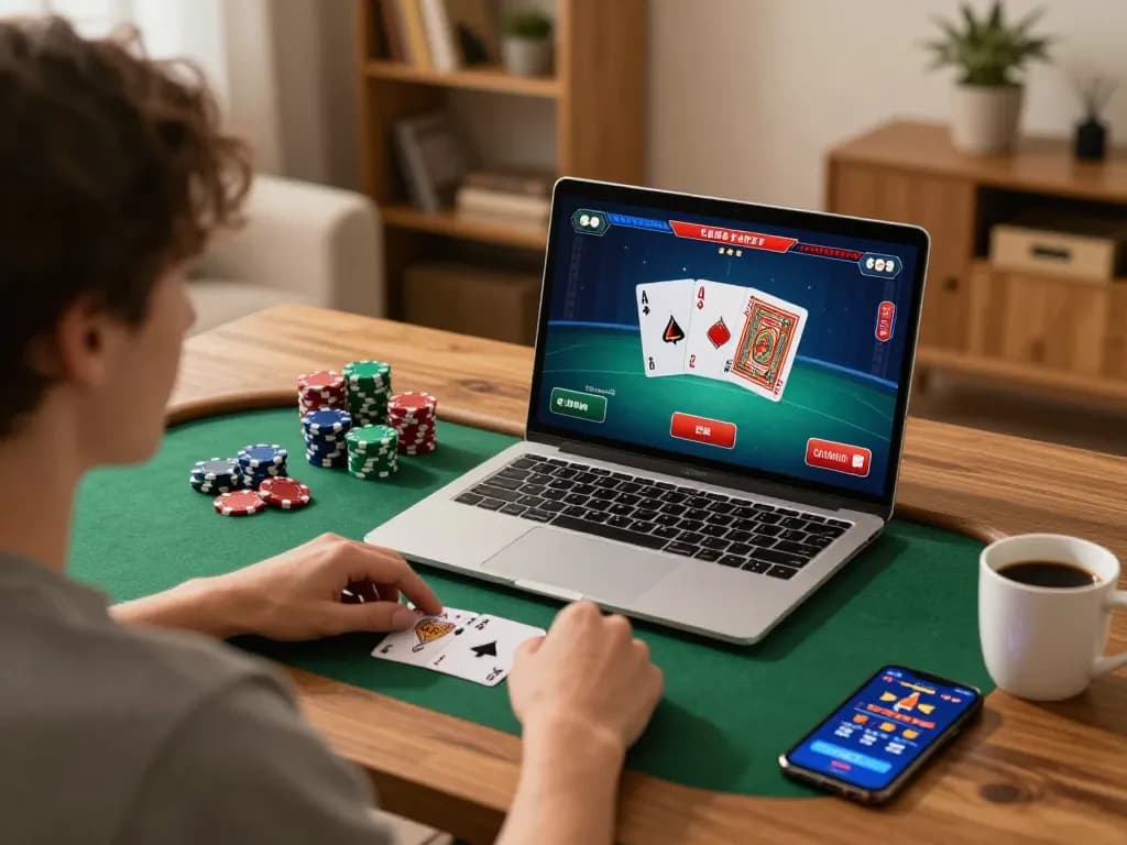 Engaging in HITCLUB poker game on laptop, showcasing cards and chips in cozy home setting