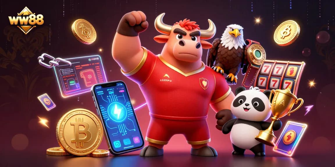 Win big with WW88 in an ultra-detailed casino scene featuring winning characters and slot games.