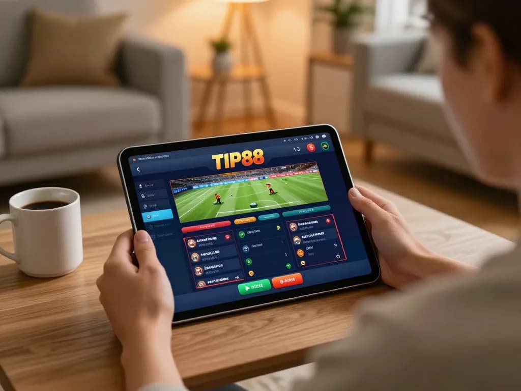 Engaging with the TIP88 online casino platform while placing a sports bet on a tablet.