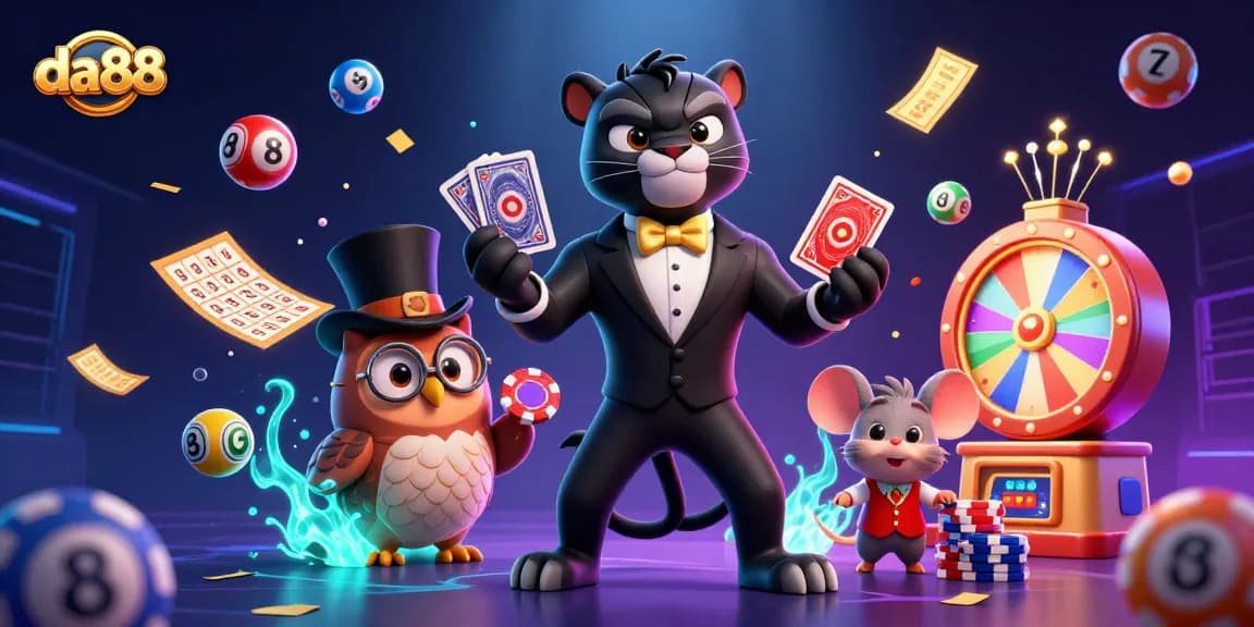 Engage with da88's thrilling card games alongside vibrant lottery elements in a lively casino scene.