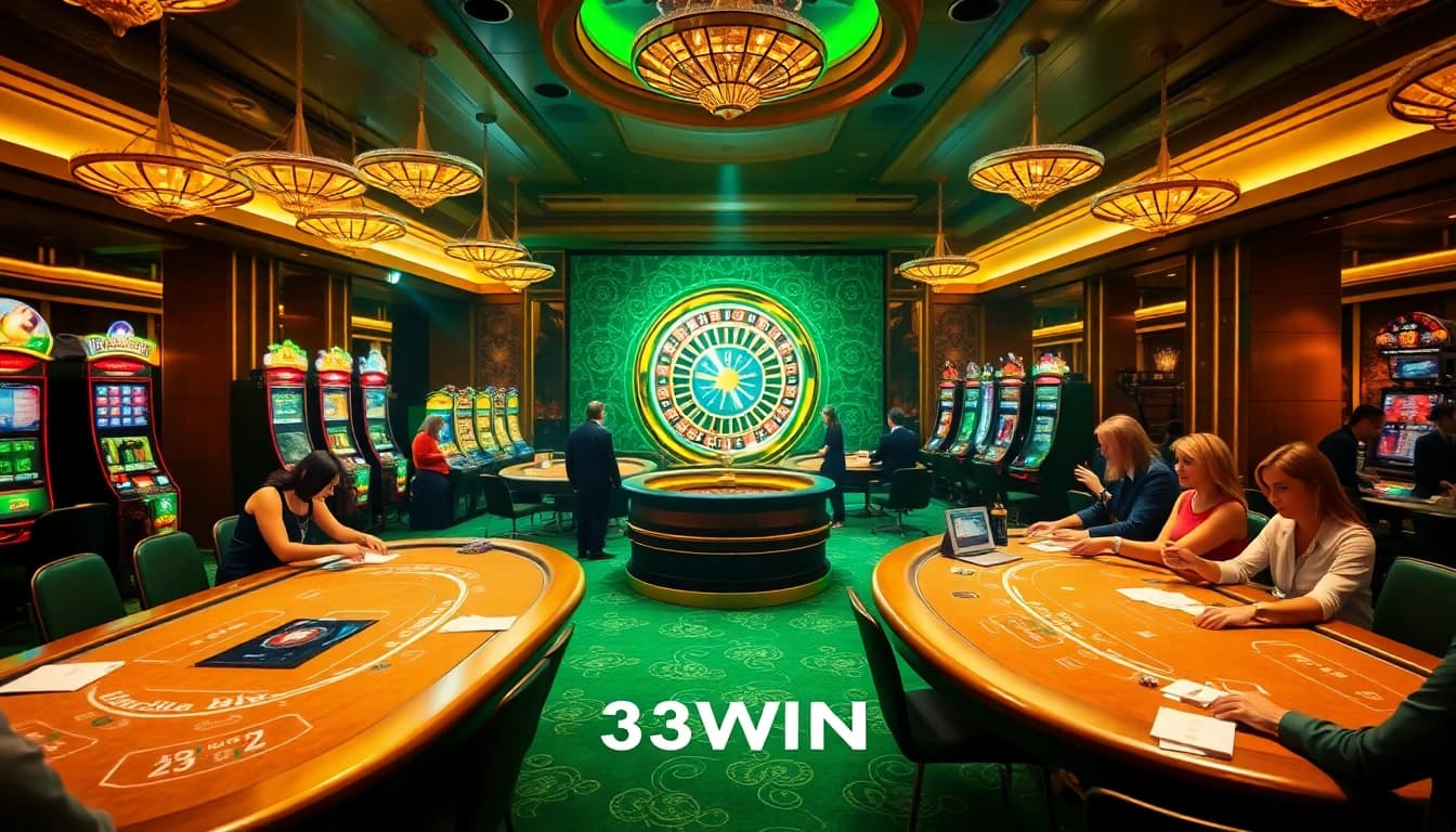 33WIN showcases a vibrant casino scene with players enjoying thrilling games like blackjack and roulette.