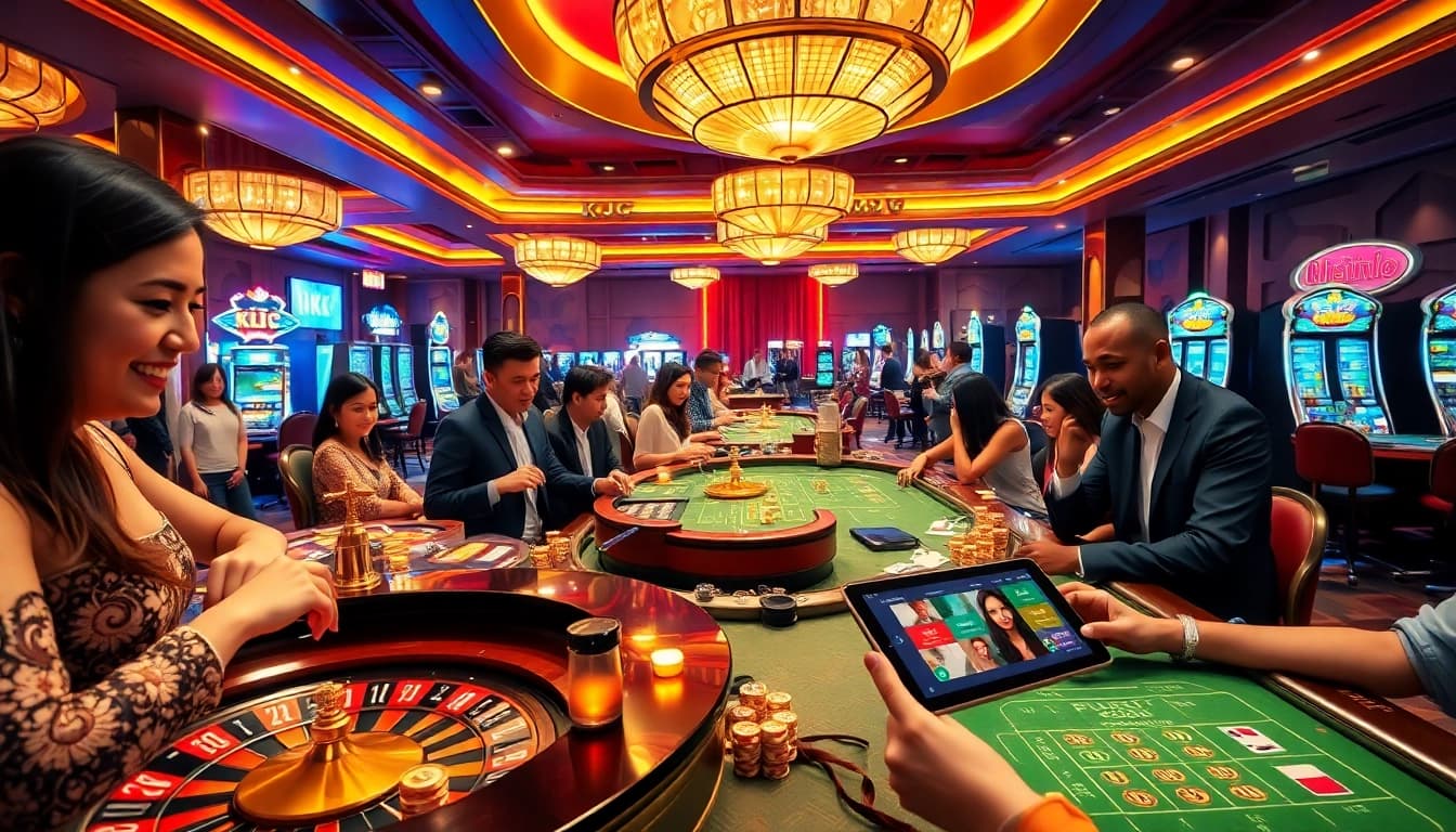 KJC enhances the excitement of gambling with vibrant casino tables, cards, and slot machines.