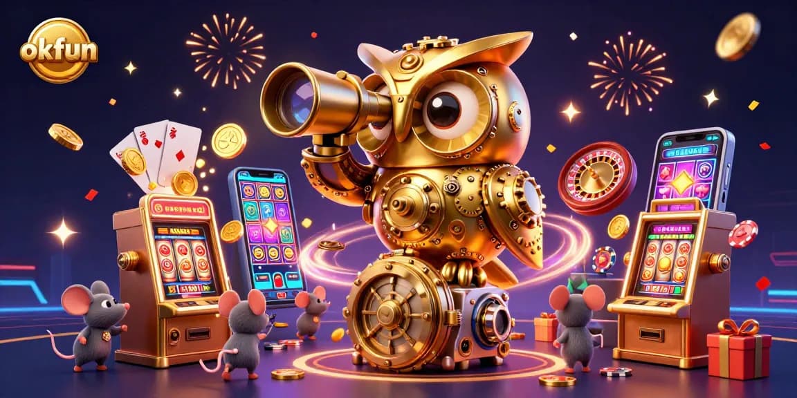 Spin to win with okfun's vibrant digital casino scene featuring whimsical characters and exciting game elements.