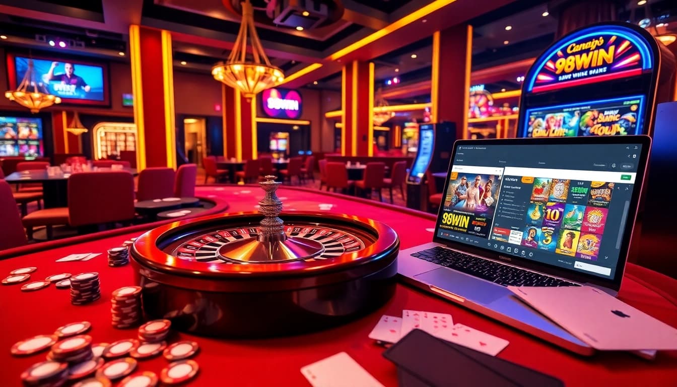 Experience the excitement of online gambling with 98WIN's vibrant casino scene filled with gaming action.