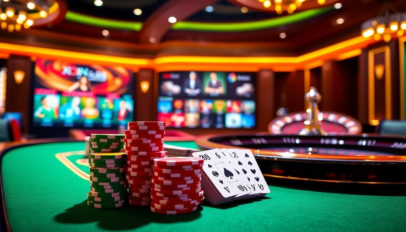 Action-packed poker night at Xin88 showcasing vibrant chips and a spinning roulette wheel.