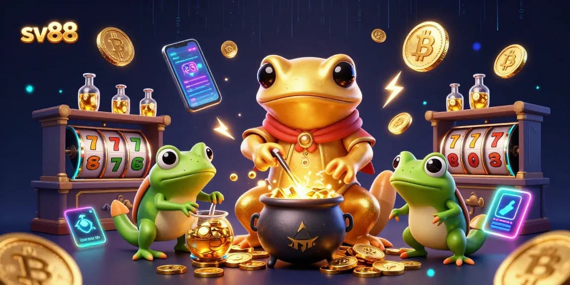 Experience the excitement of sv88 with a dynamic scene of a golden alchemist and crypto elements