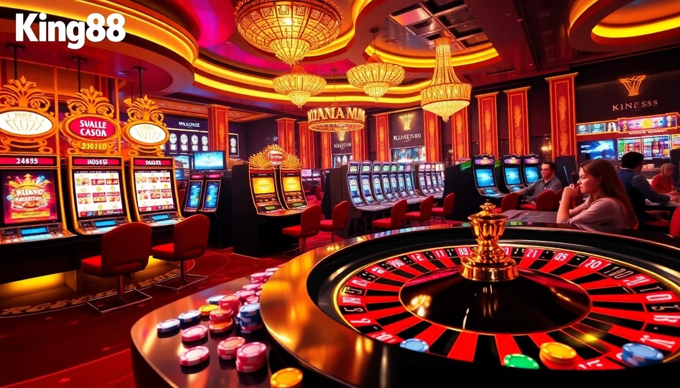 Captivating scene of King88 casino with vibrant slot machines and excited players.