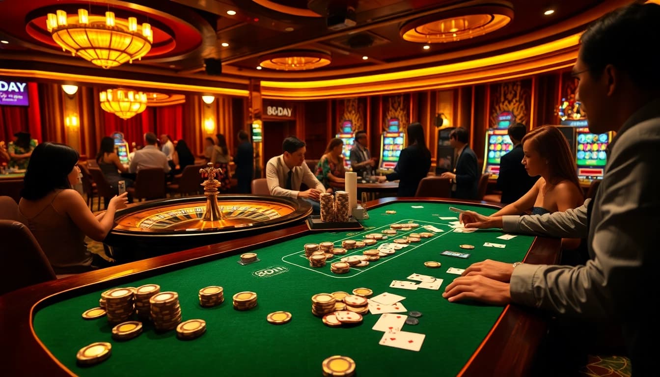 Experience the luxury of the 8DAY casino with players eagerly engaging at the poker table.