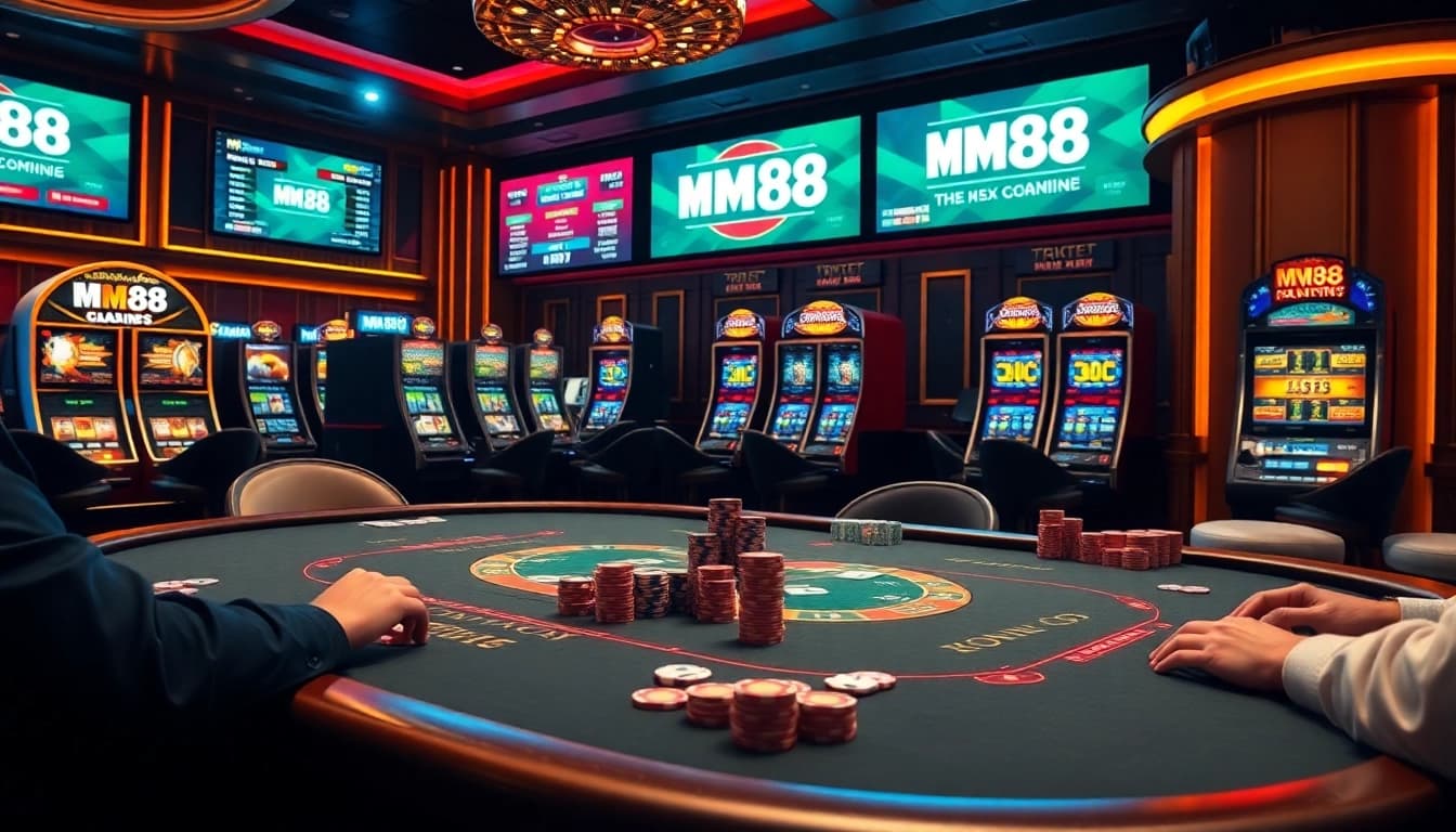 Join the excitement at MM88 with a thrilling poker game surrounded by vibrant casino elements.