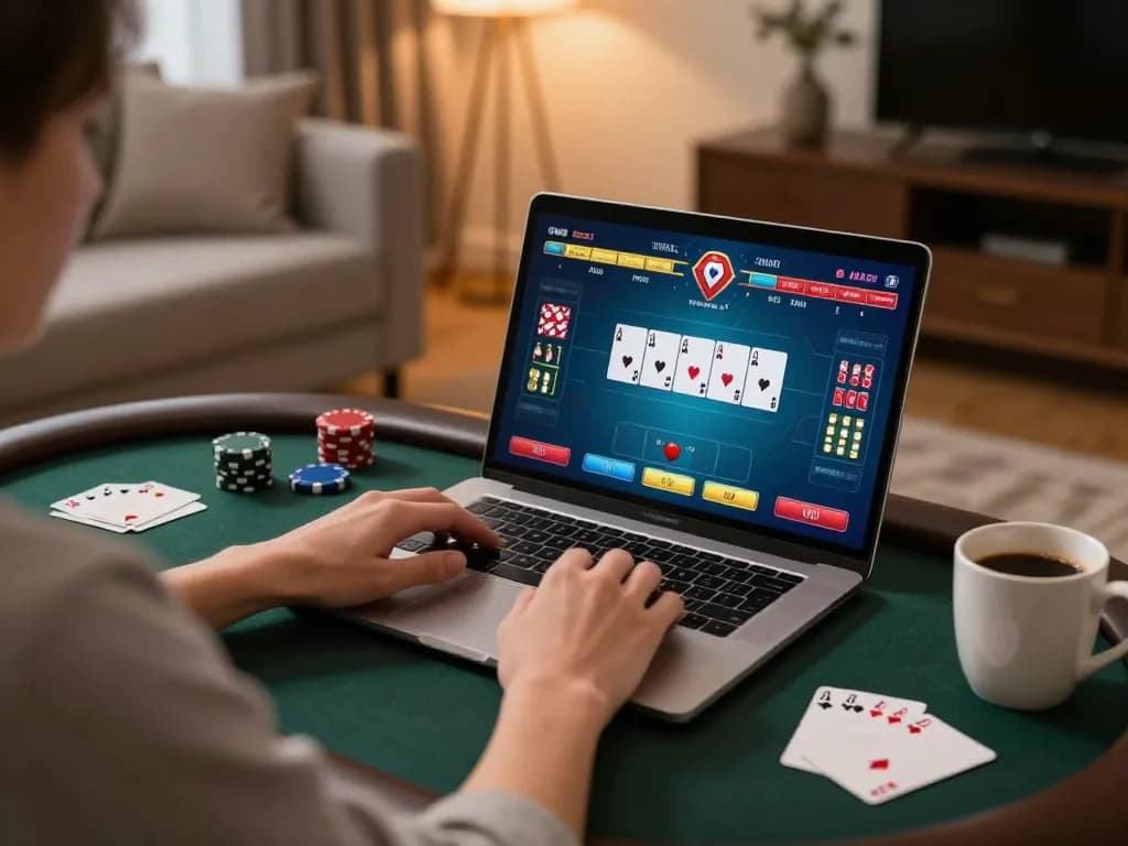 Sin88 player engaging in poker game online with cozy home setup, showcasing strategic betting