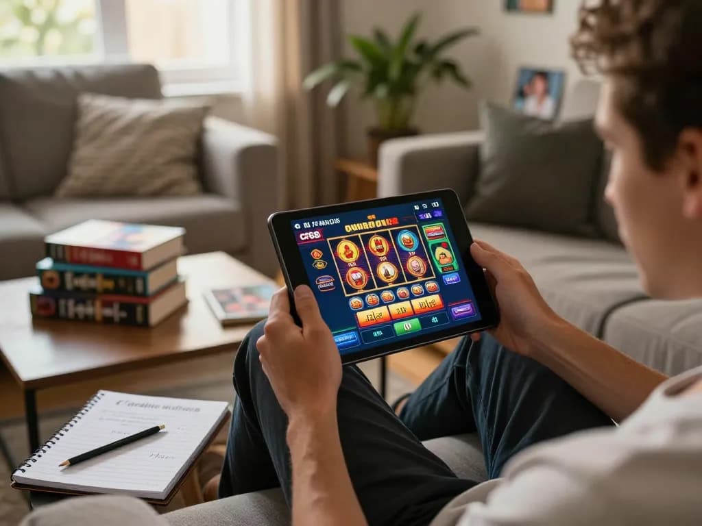 Player exploring cf68 slots on a tablet in a cozy living room, showcasing responsible online gaming.