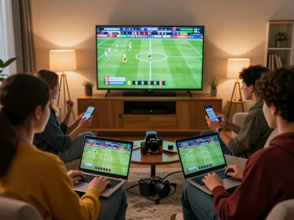 Friends engaged in trang cá cược bóng đá while watching a live football match and placing bets on mobile devices