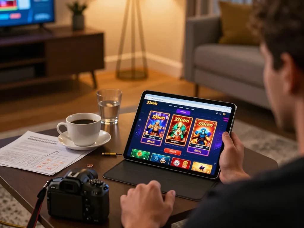 Player enjoying a strategic gaming session on 33win app in a cozy home environment.