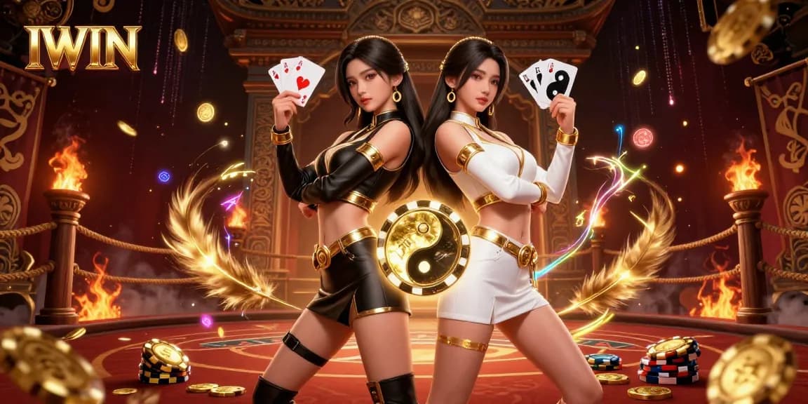 IWIN showcases twin Asian women with vibrant playing cards and a casino atmosphere filled with gold coins.