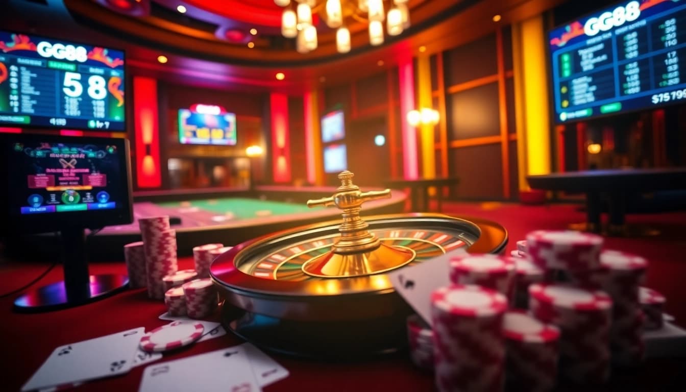 Experience thrilling gameplay at GG88 with vibrant casino elements like roulette and poker chips.
