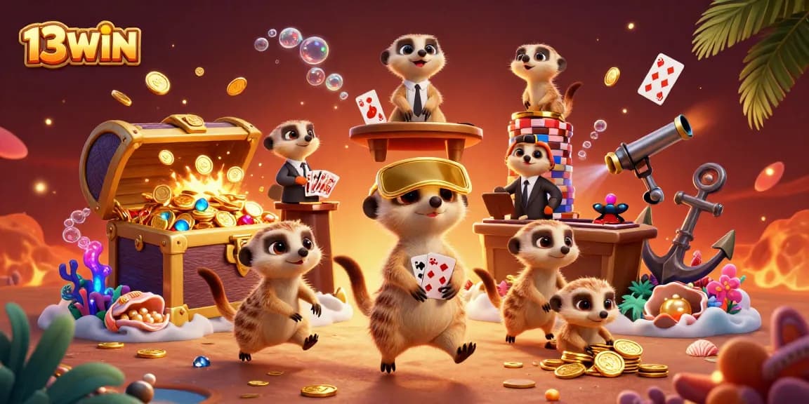 Experience the thrill of 13WIN casino with cartoon meerkats managing a vibrant gaming scene!