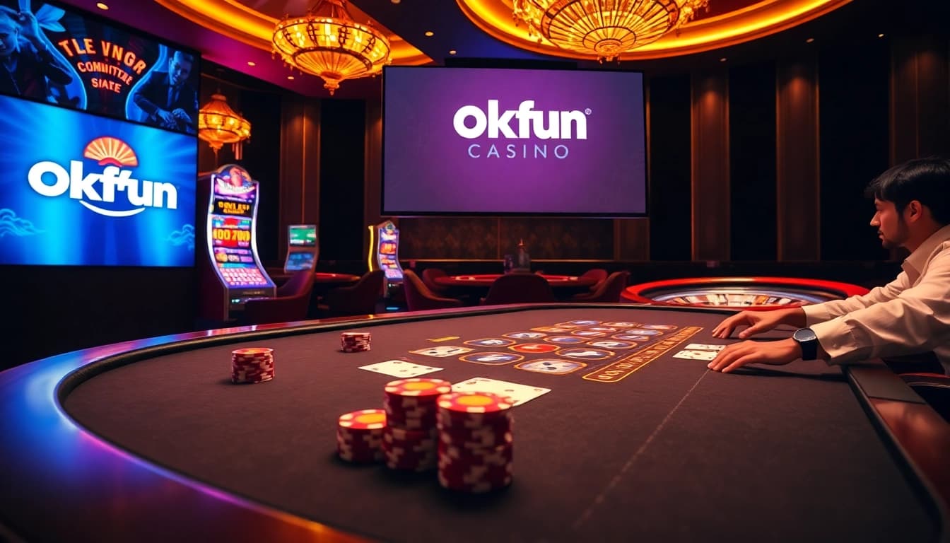 Engage with Okfun's exciting casino experience featuring vibrant gaming tables and high-stakes action.