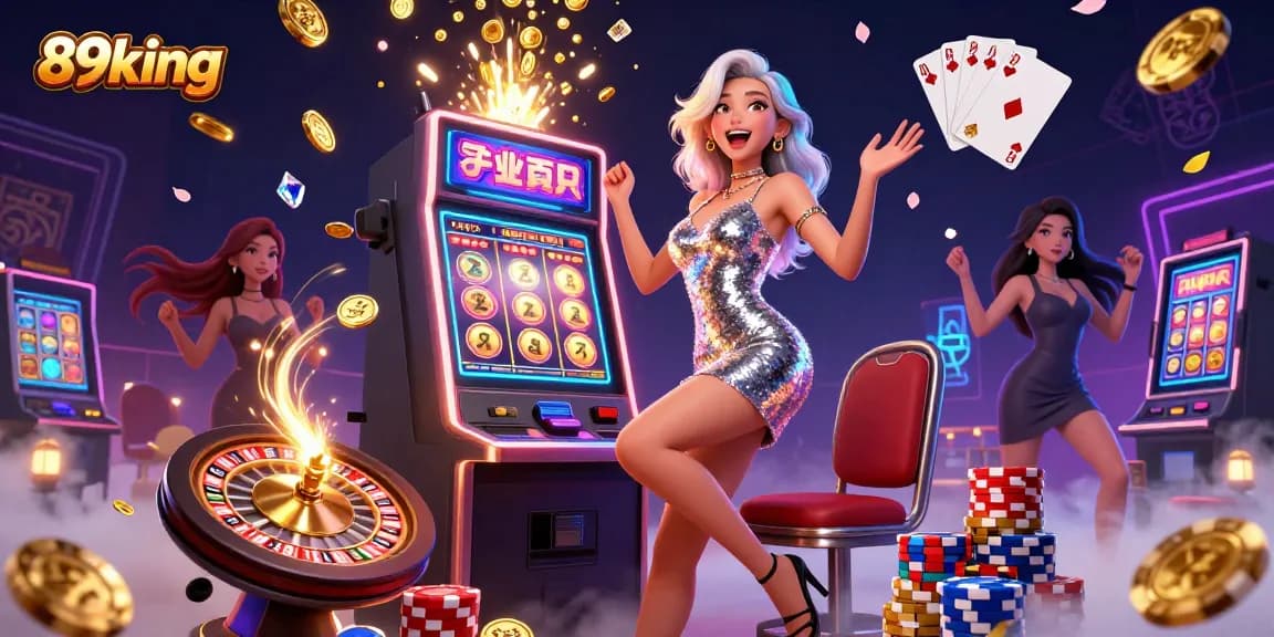 Experience excitement with the 89king jackpot, surrounded by coins and vibrant casino elements.