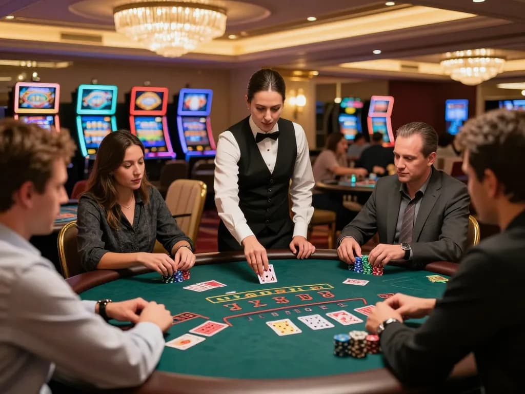 Players strategizing at the blackjack table, featuring engaging gameplay linked to https://tx88.rent/ in a lavish casino setting