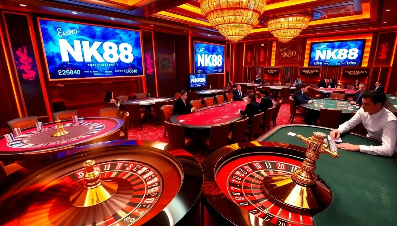 NK88 casino scene with vibrant tables and players enjoying high-stakes poker.