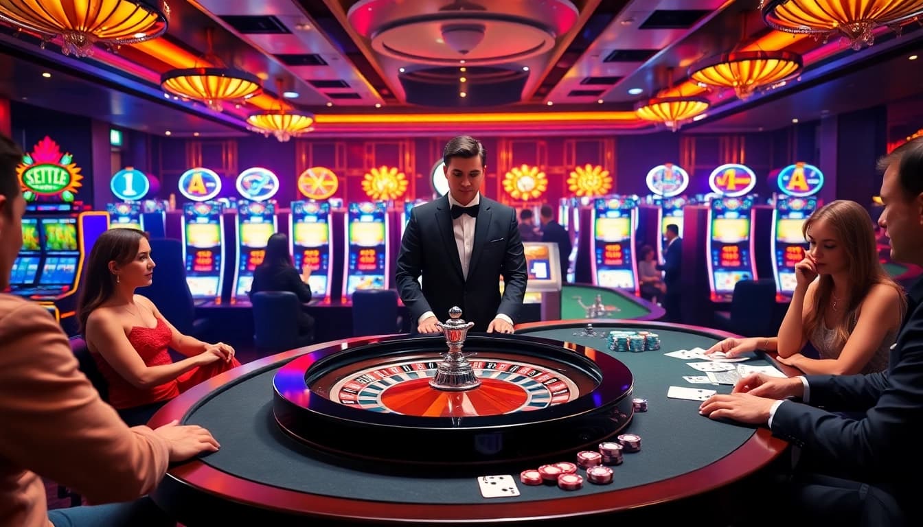 Experience the excitement of gambling at https://cm88.autos/ with a luxurious casino scene filled with poker and roulette.