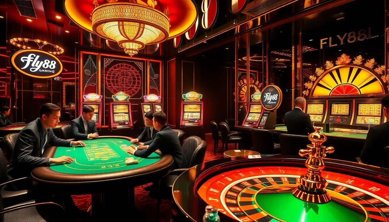 FLY88 gaming lounge with luxurious poker table and vibrant slot machines.