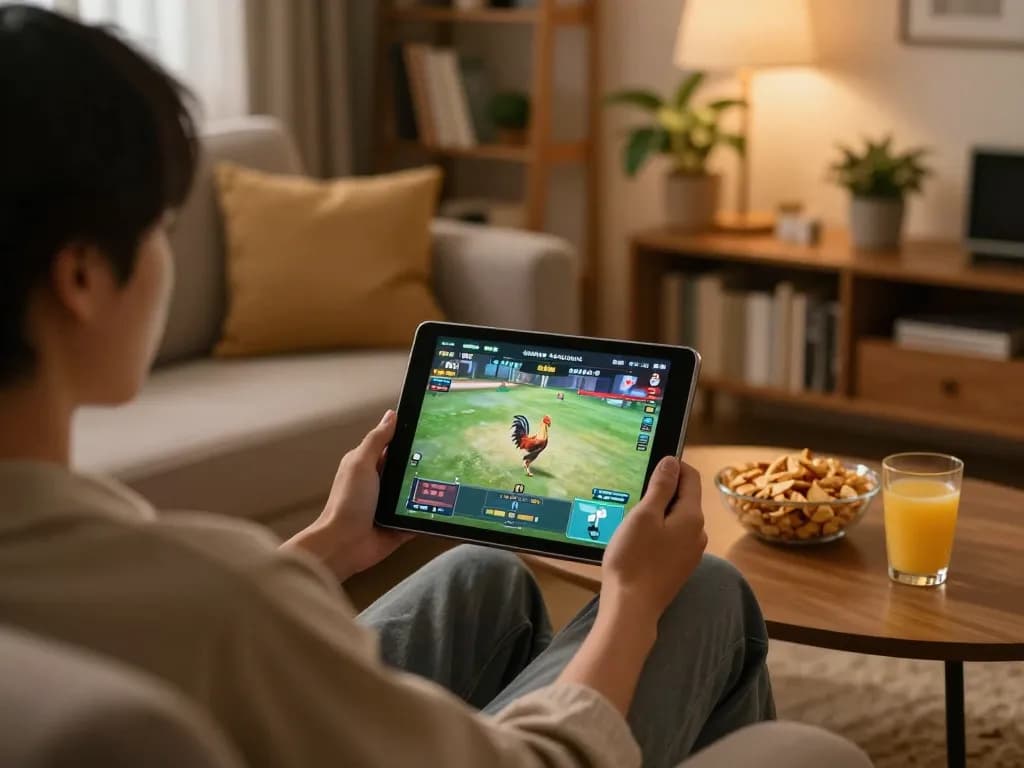 Watch đá gà trực tiếp on a tablet in a cozy living room, highlighting home gaming entertainment.