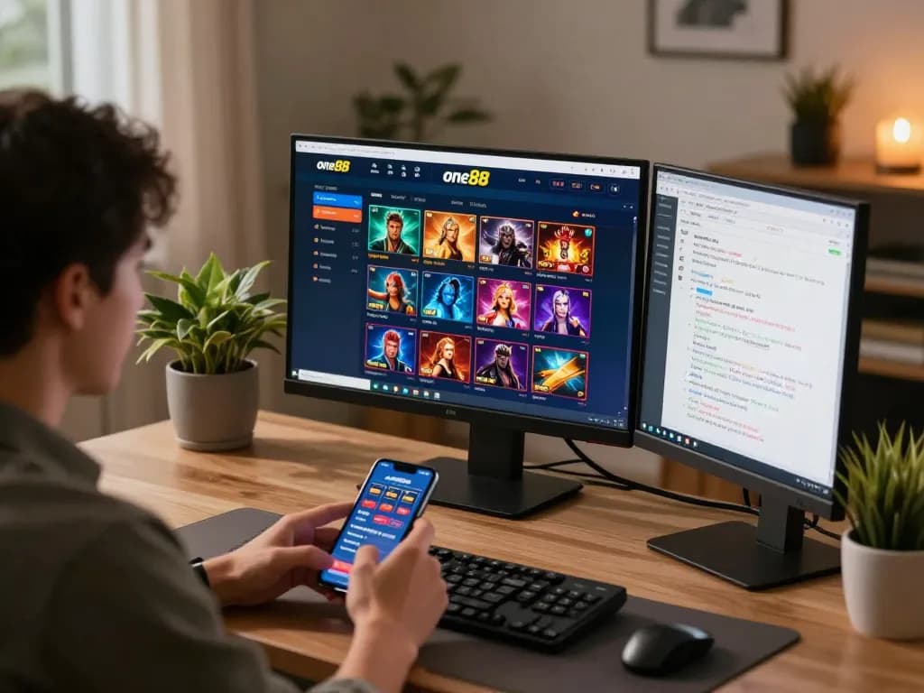 Engaging with one88 through a dual-screen setup, strategizing online bets in a cozy home office.