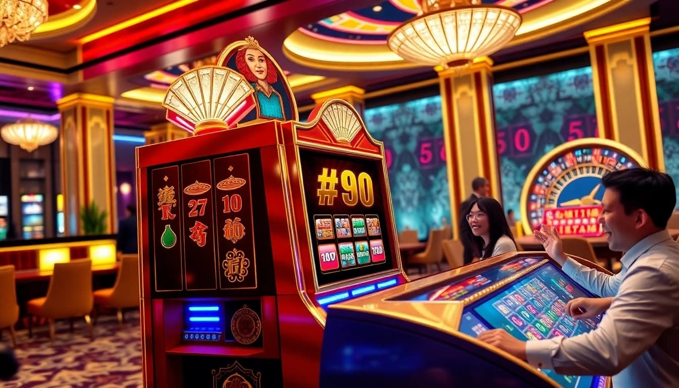 Gamblers enjoying the thrill of nổ hũ 90 at a luxurious casino slot machine.