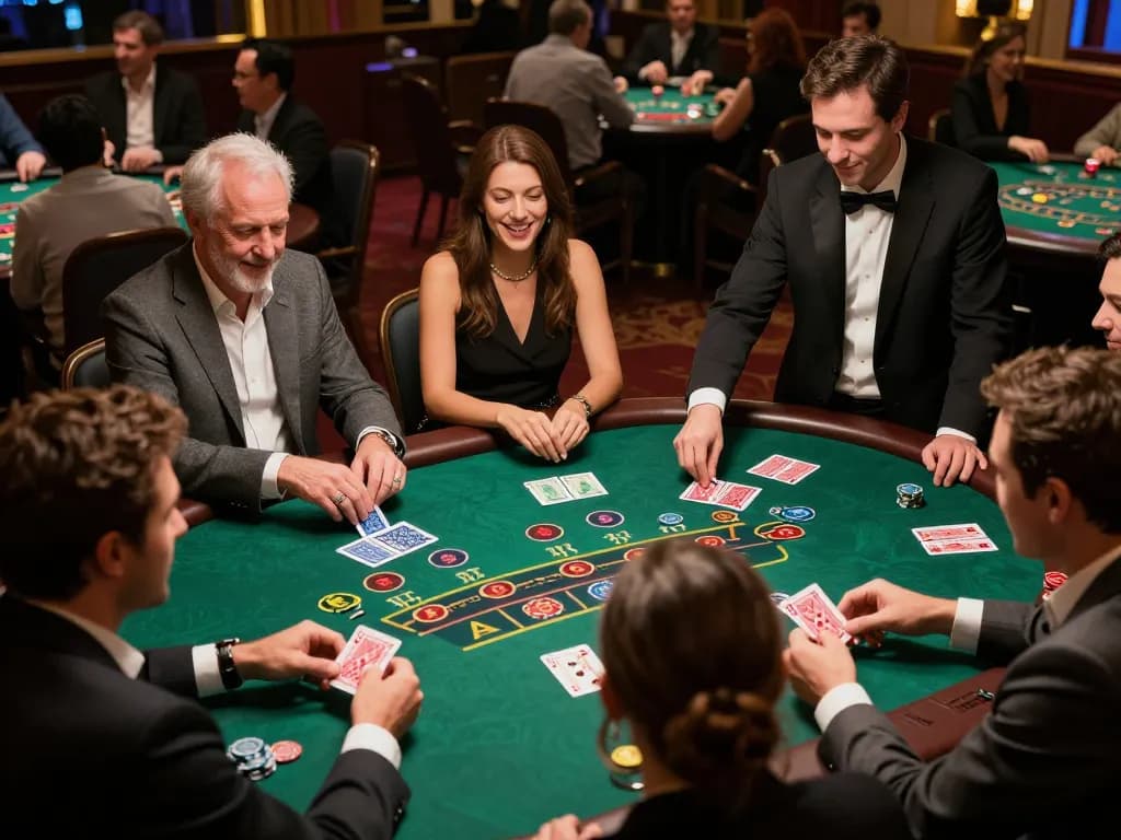 Players strategizing at a 7M blackjack table under warm lighting, capturing the excitement of casino gameplay.