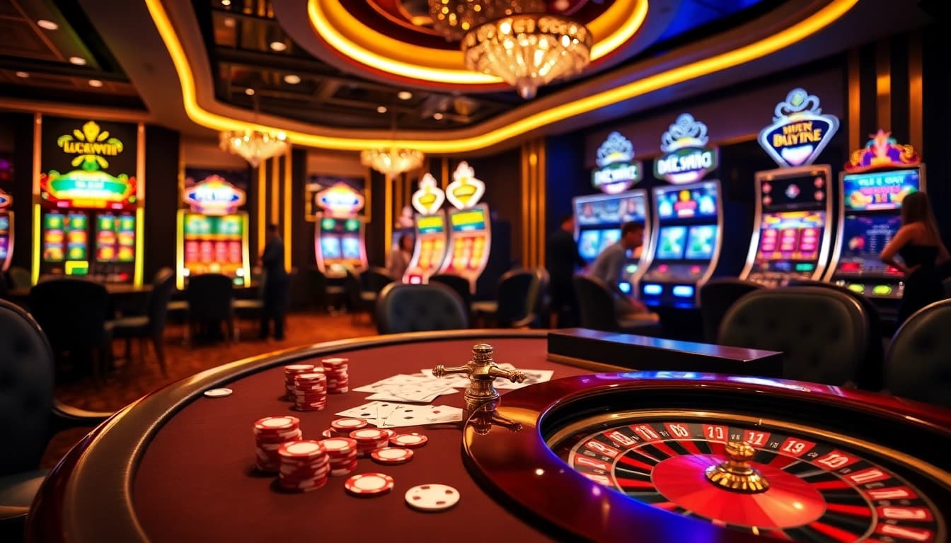 Experience thrilling gaming action at Luckywin casino with vibrant slot machines and elegant poker tables.