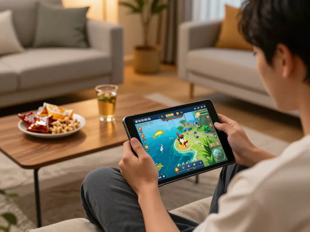 Bắn cá đổi thưởng gameplay on a tablet in a cozy home setting with snacks and drinks