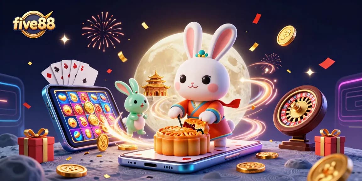 Play games and celebrate big wins with five88 in this vibrant casino-themed 3D illustration.