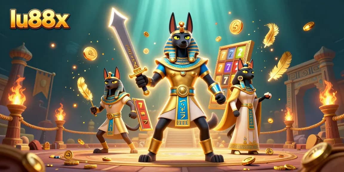 Win with lu88x in this ultra-detailed 3D casino scene featuring Anubis and Bastet.
